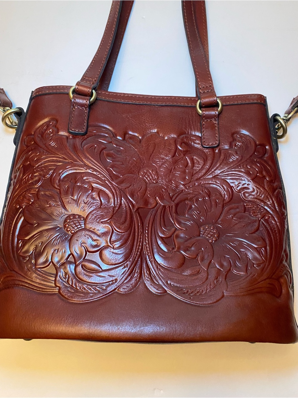 Patricia Nash Tessali British Tan Floral Tooled  Leather Shoulder bag handbag